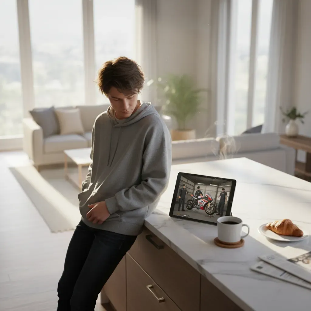 A bright, airy living room on a sunny Friday afternoon. A person is casually watching MotoGP on a tablet propped on a ki
