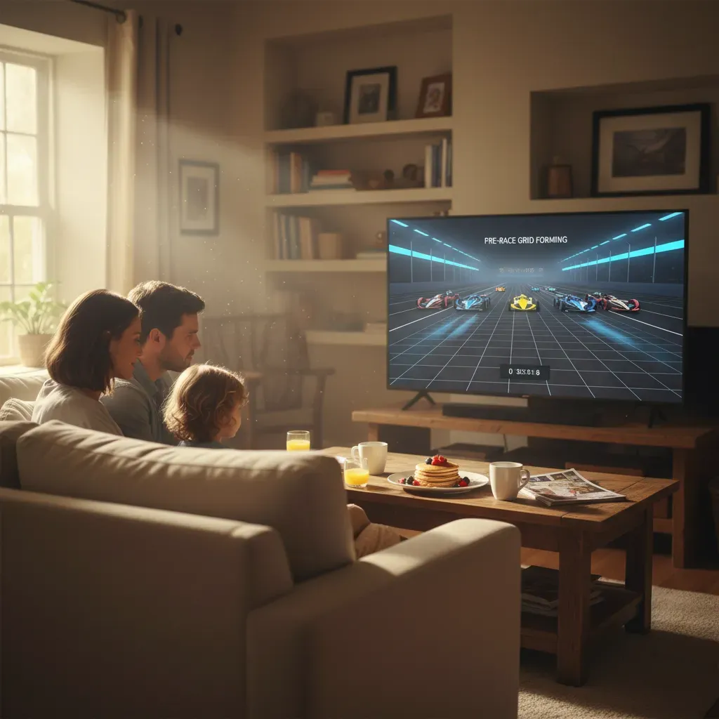 A quiet, cosy living room on a Sunday morning. A family is gathered on the sofa, a young child sitting between two paren