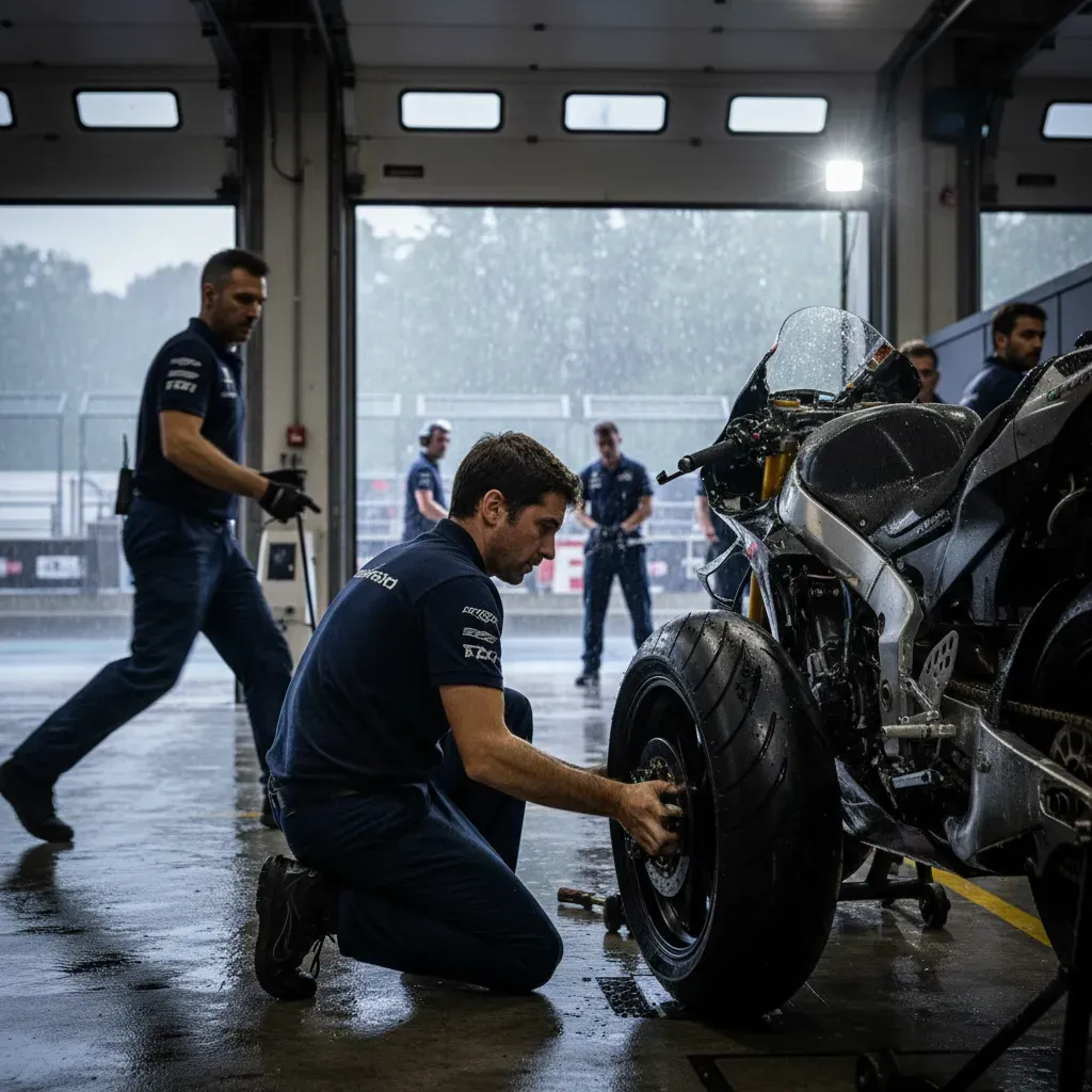 A candid shot inside a brightly lit MotoGP pit garage as rain begins to fall. A team of mechanics in unbranded navy blue