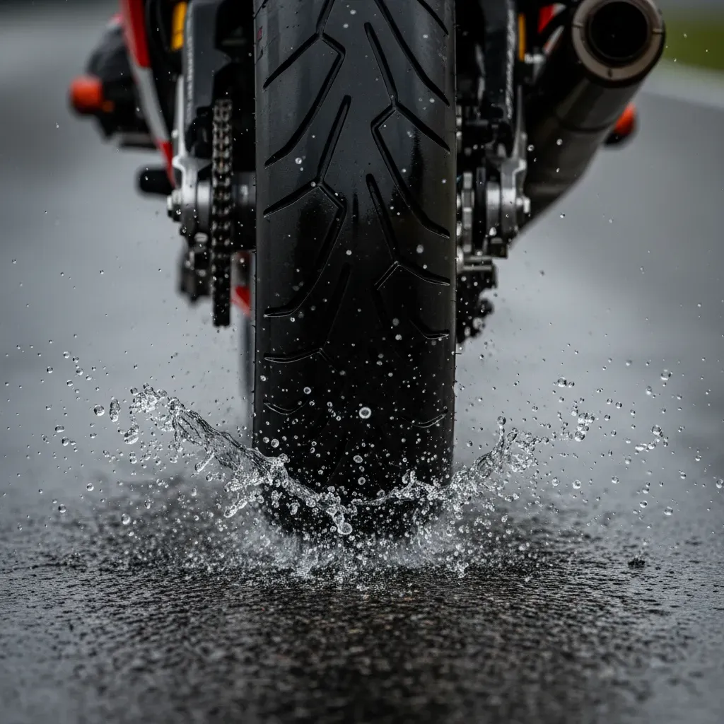 An extreme macro close-up of a MotoGP wet tyre making contact with a drenched track. The shot is incredibly low, showing