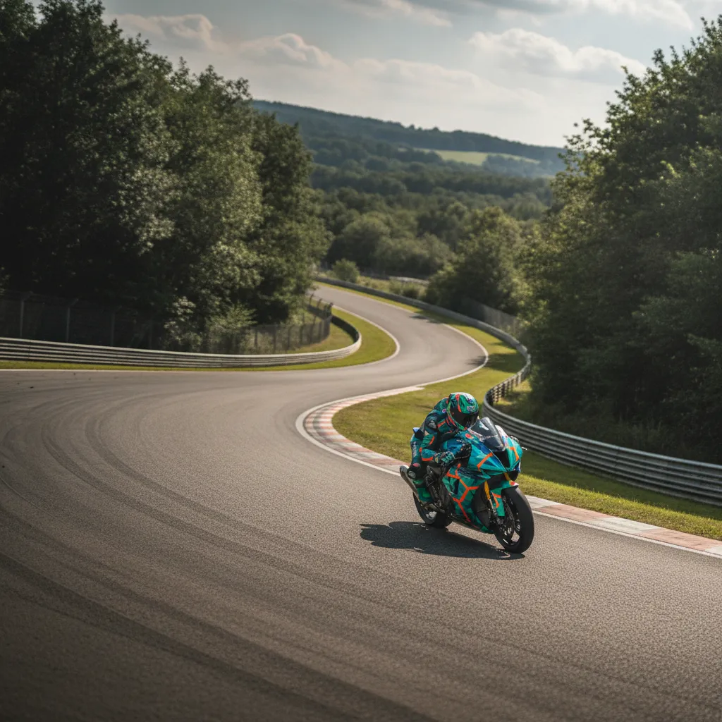 A view of the dramatic, steep downhill 'Waterfall' section of the Sachsenring circuit in Germany.