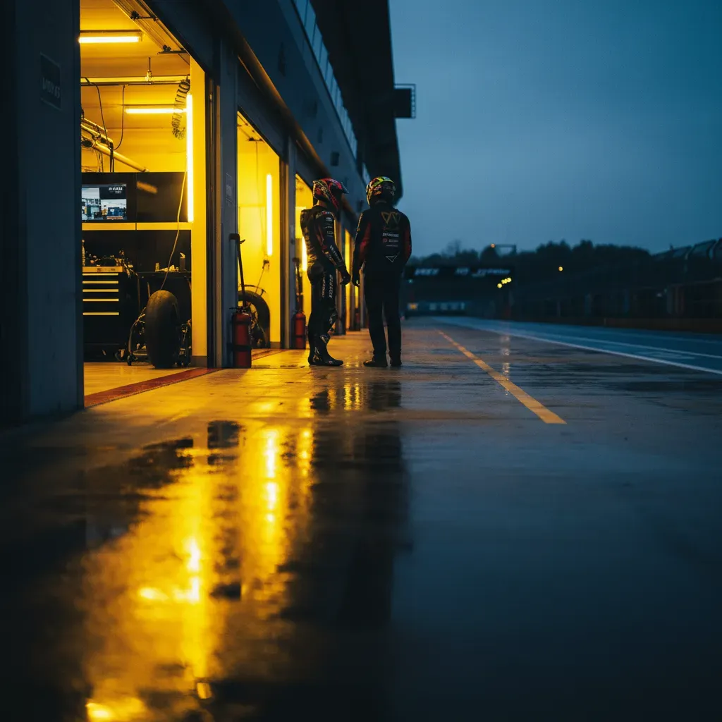 An atmospheric, wide shot of a MotoGP pit lane at dusk. The VR46 garage is brightly illuminated from within, casting a b