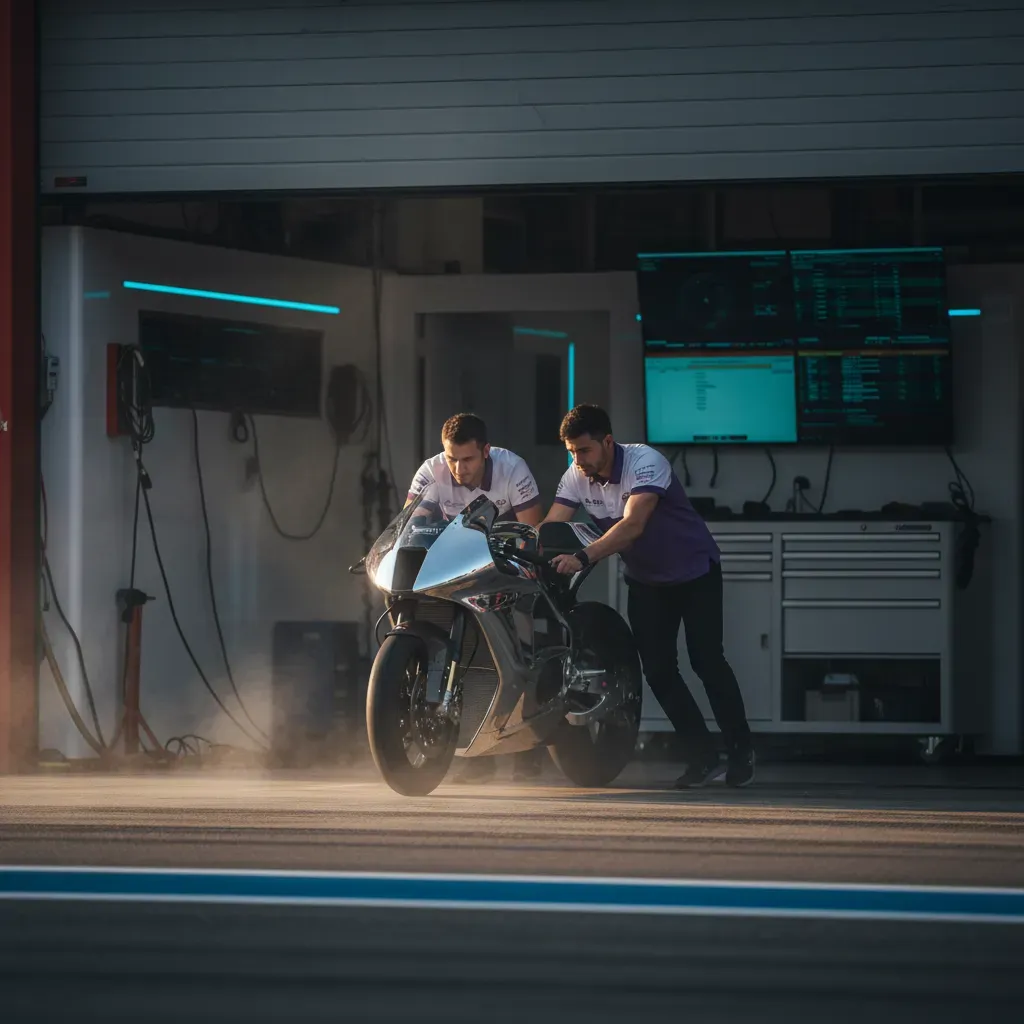 In the crisp light of dawn during a pre-season test, two mechanics in unbranded purple and white team uniforms carefully