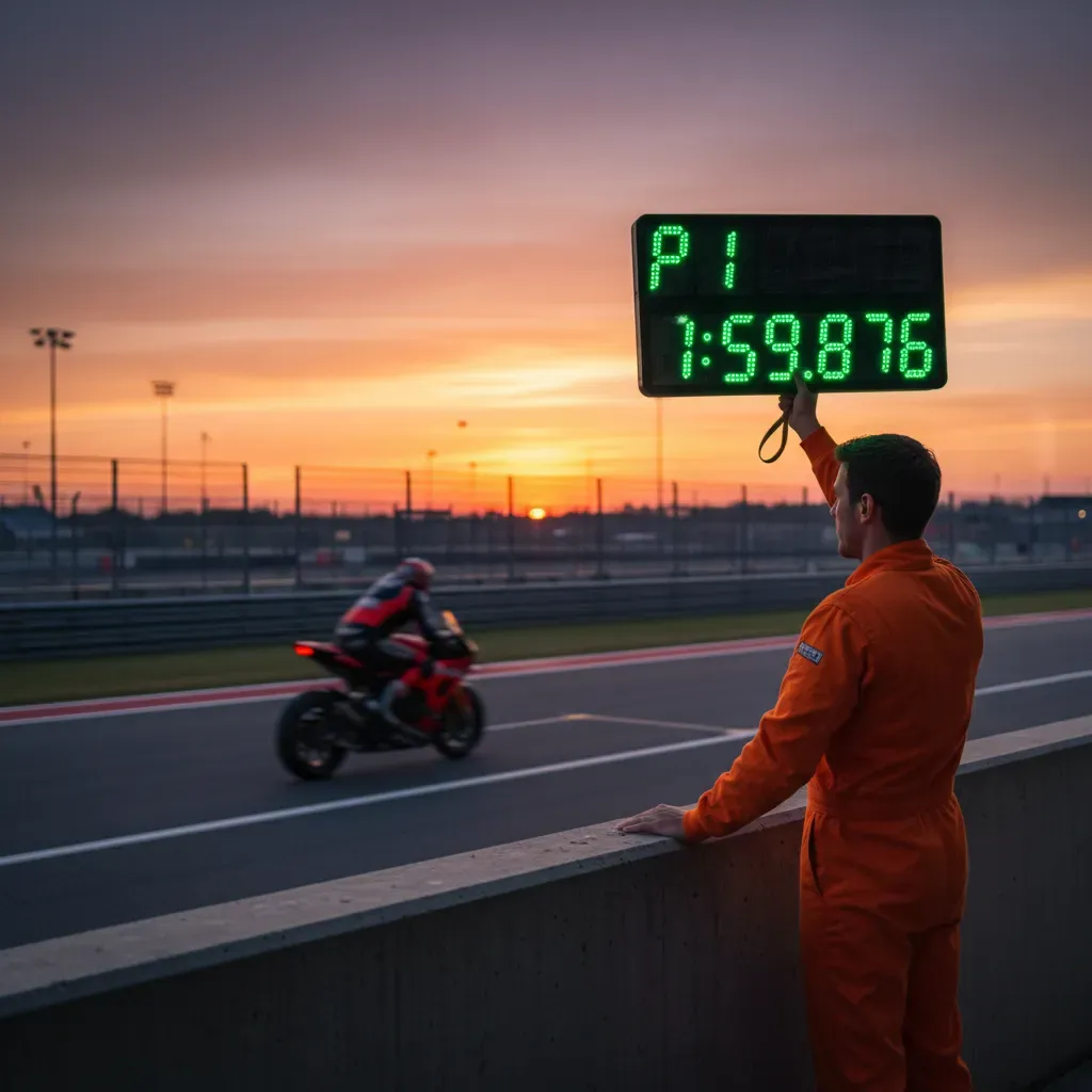A wide, atmospheric shot from behind the pit wall as the sun sets over a racetrack. An orange-clad engineer holds a pit 