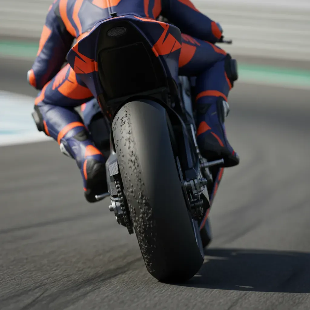 A detailed, low-angle shot focusing on the rear tyre of a MotoGP bike leaned far over in a long left-hand corner at the