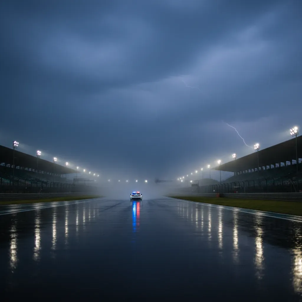 A poignant, atmospheric shot of the Sepang circuit just after a torrential downpour. The empty track glistens under the