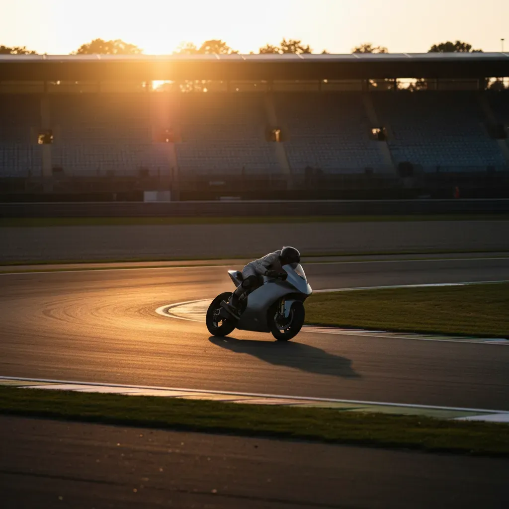 An evocative, late afternoon shot capturing a single, unbranded MotoGP bike exiting the final Woodcote corner at Silvers