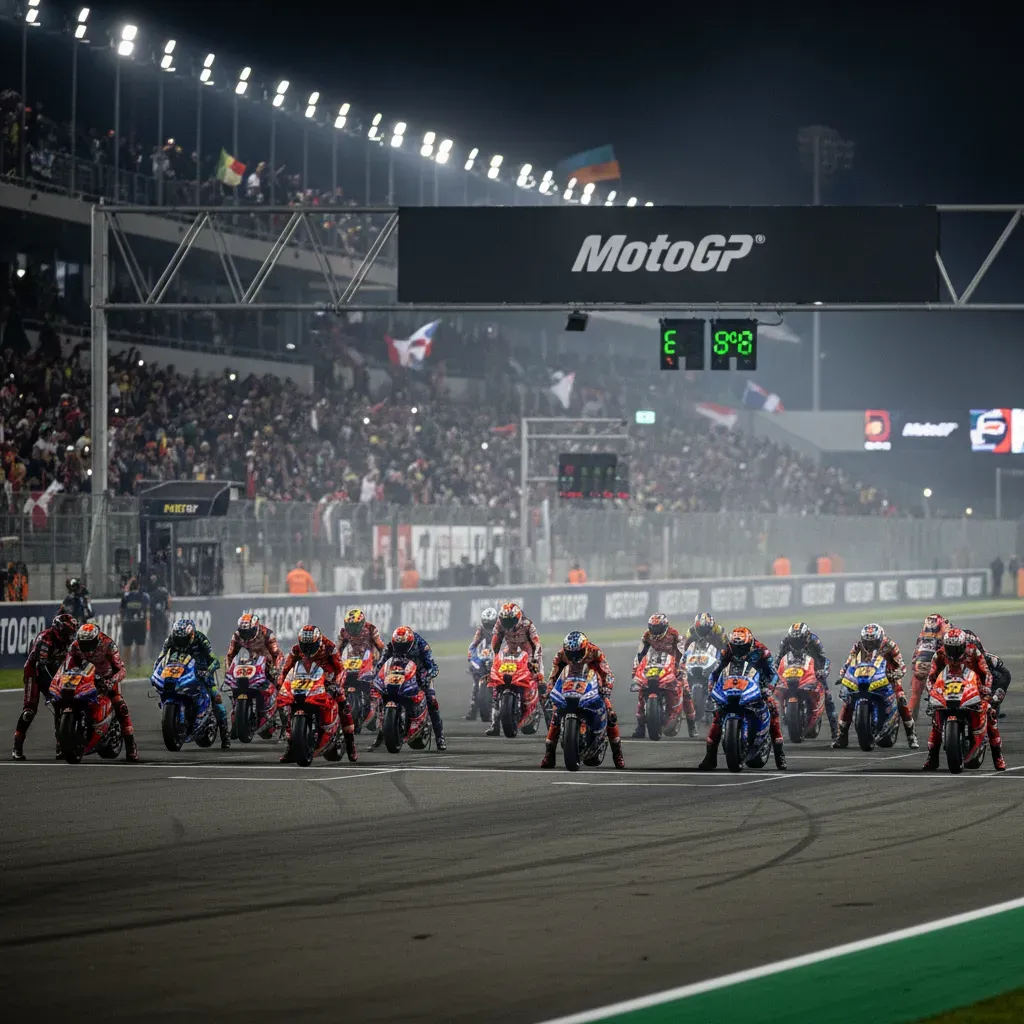 A wide, photorealistic hero shot of a full MotoGP starting grid moments before a race. The bikes are lined up, riders ar