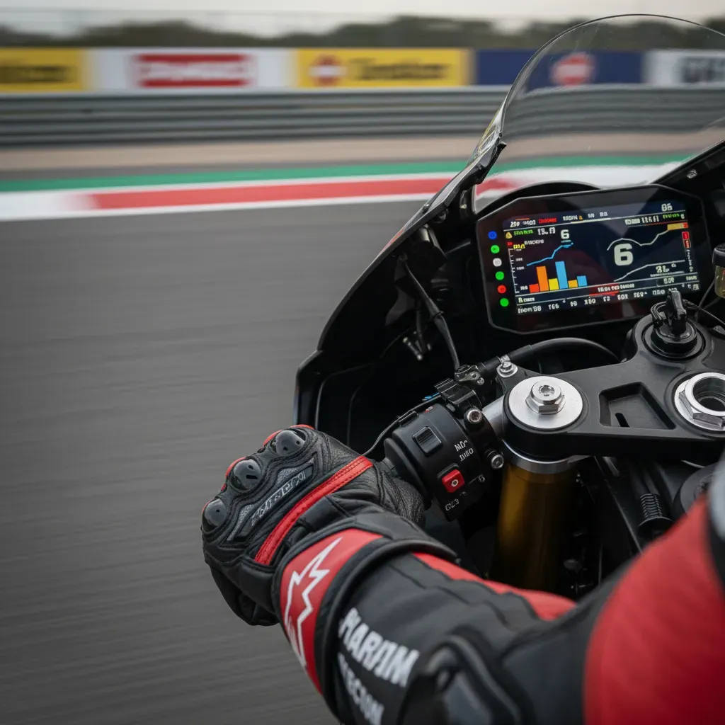 A tight, photorealistic close-up on a generic MotoGP bike's dashboard and the rider's gloved hands. One hand is on the t