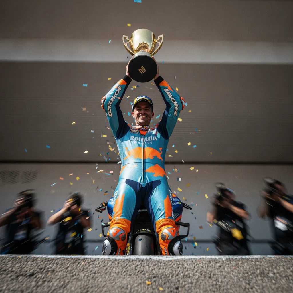 The winning rider stands alone on the highest step of the podium, proudly lifting his gold trophy towards the sky.