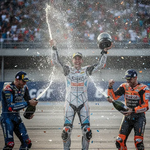 The top three MotoGP riders celebrating exuberantly on the podium by spraying sparkling wine over each other.