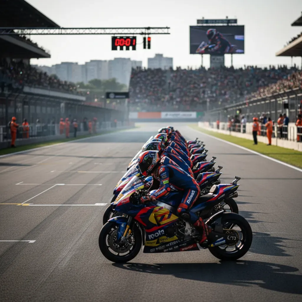 A wide, cinematic shot of several generic MotoGP bikes lined up on the starting grid, moments before the lights go out. 