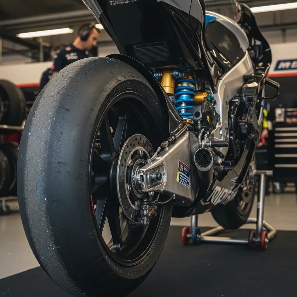 A close-up, detailed shot of a generic MotoGP bike's rear tyre, showing the texture of the rubber and the complex swinga