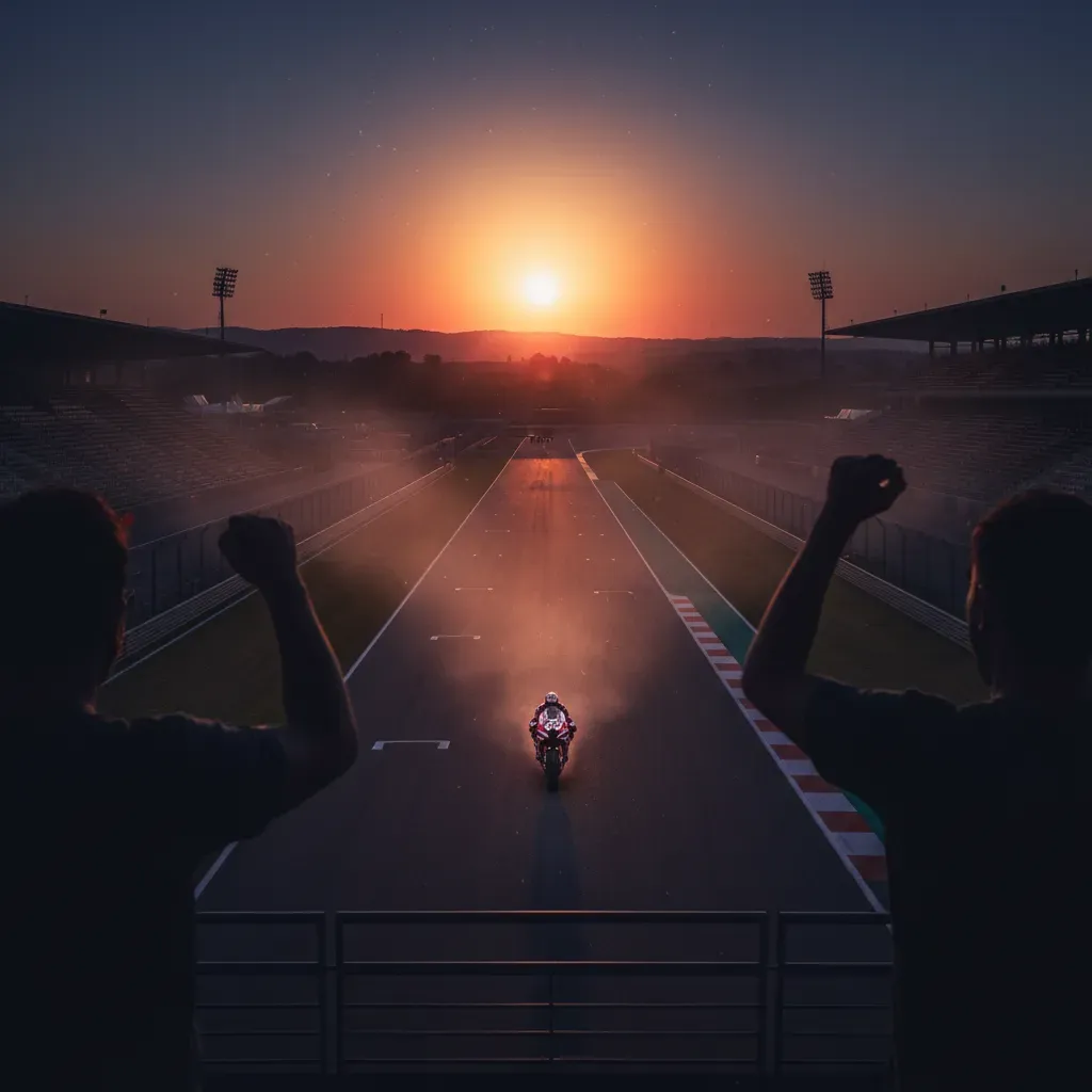 An atmospheric shot from behind two fans in silhouette, looking out over a race track as a lone, generic MotoGP bike spe