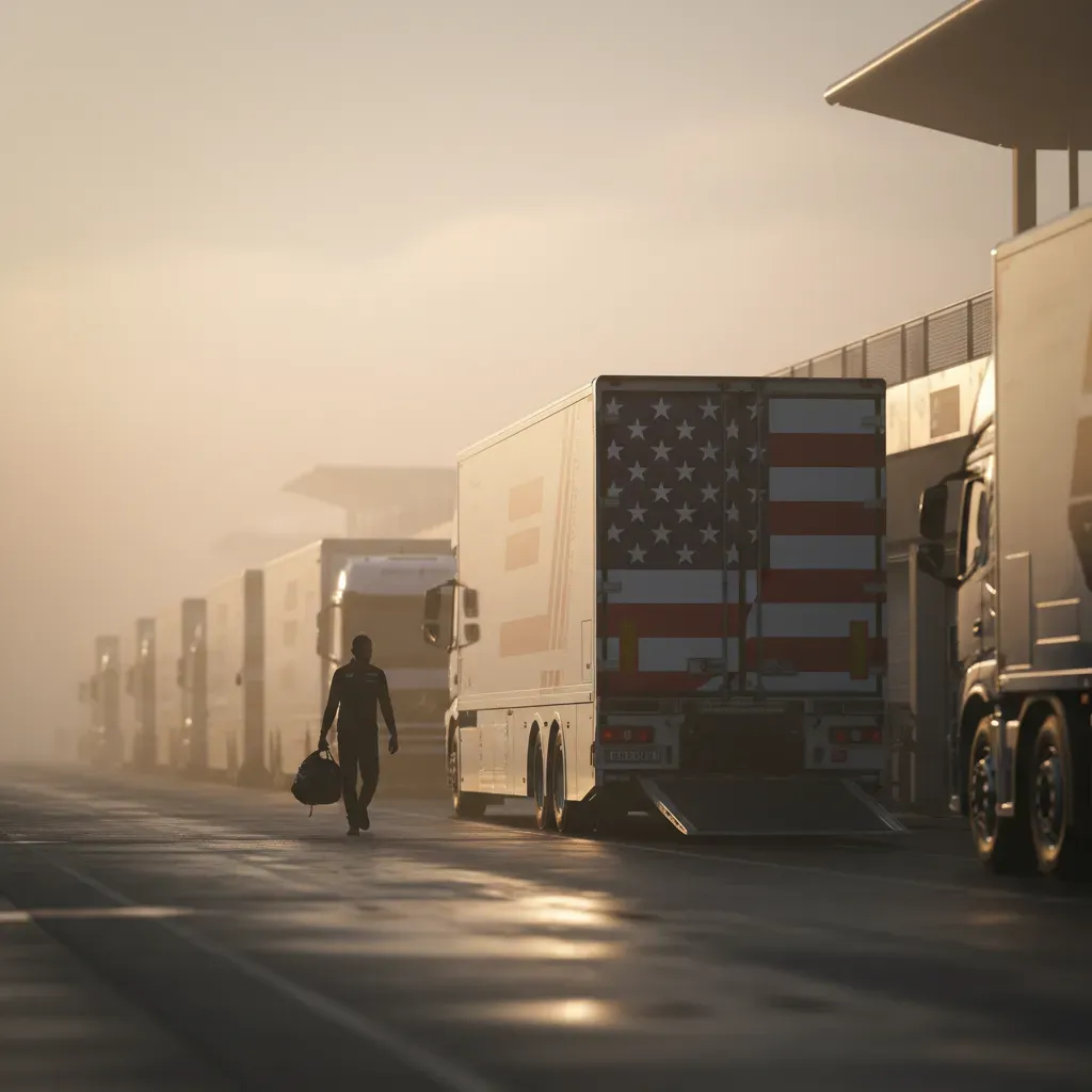 A wide-angle, atmospheric shot of the MotoGP paddock at sunrise. A massive, sleek race transporter with a prominent but 