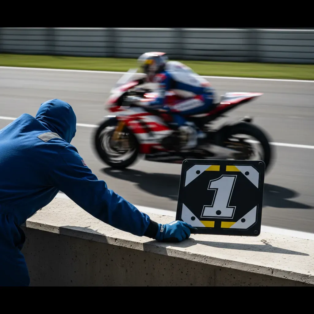 A dynamic action shot from the perspective of the pit wall. A crew member in a plain blue firesuit leans over the wall, 