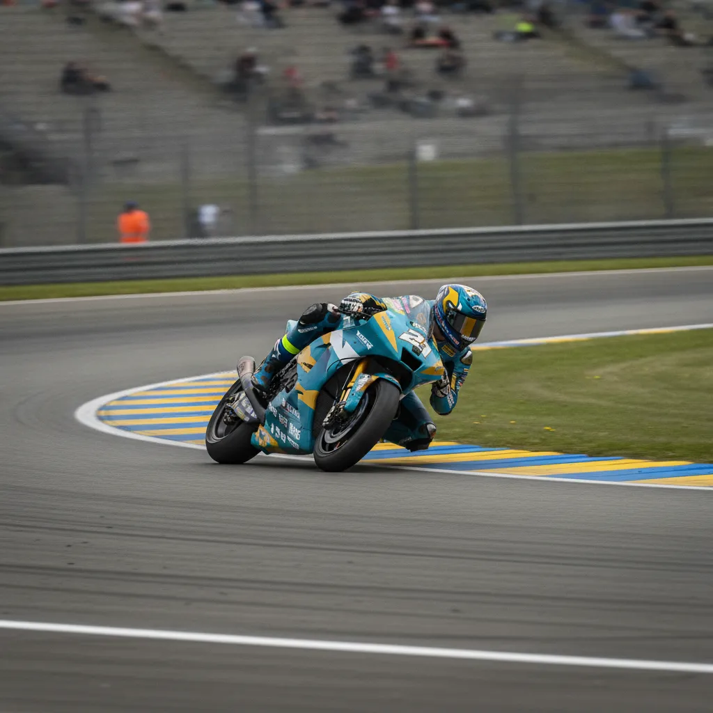 A MotoGP bike leans at a dramatic angle through a fast corner during a practice session at the TT Circuit Assen.