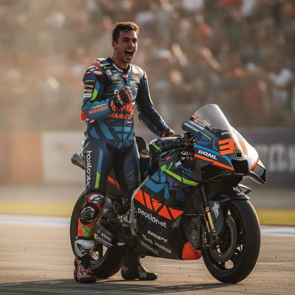 A MotoGP rider celebrates earning pole position in the pit lane after a successful qualifying session.