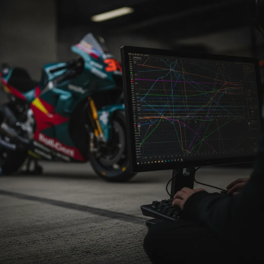 A computer monitor in a pit garage displays complex telemetry graphs showing a MotoGP bike's performance.