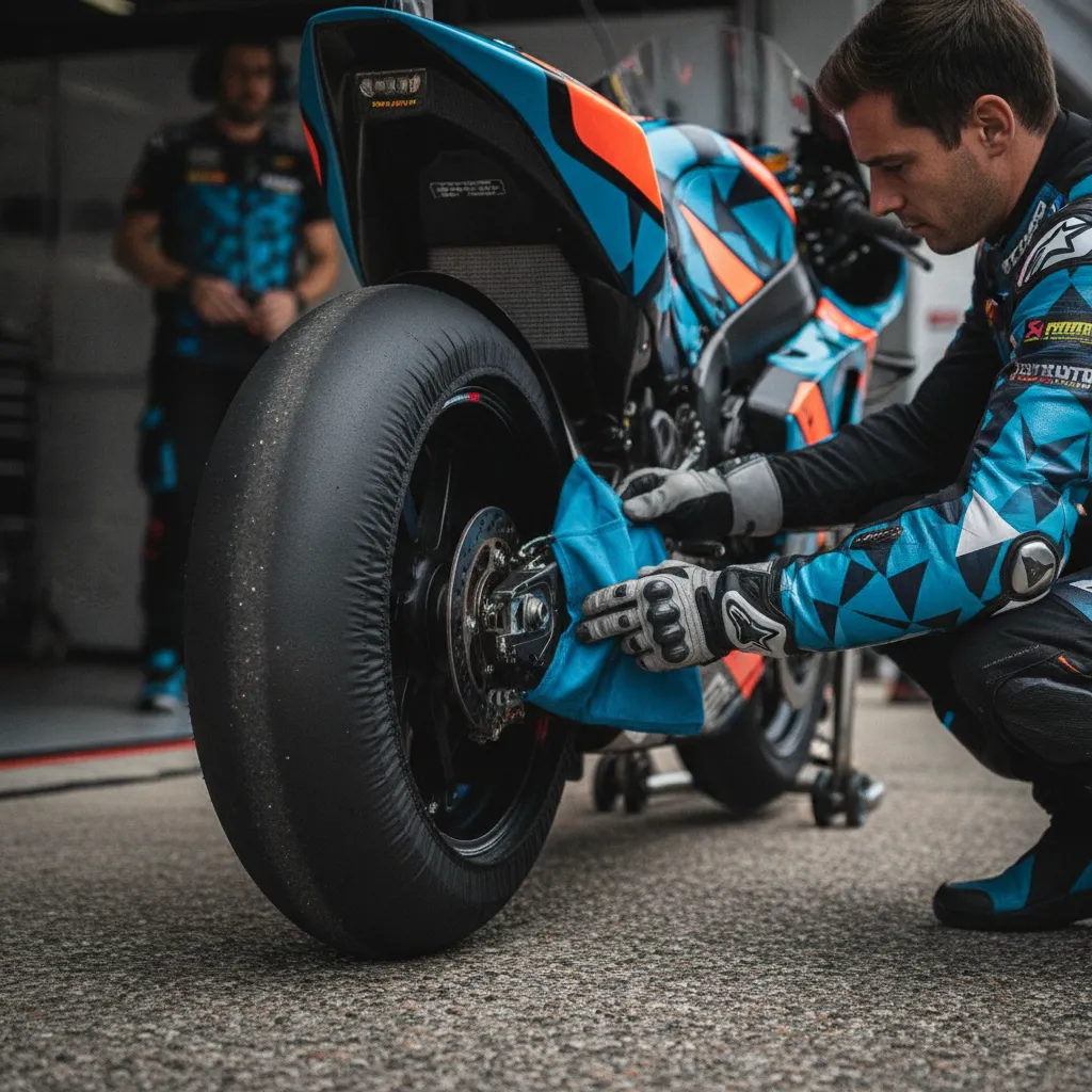 A mechanic removes a tyre warmer from a MotoGP bike's rear wheel, preparing it for the track.