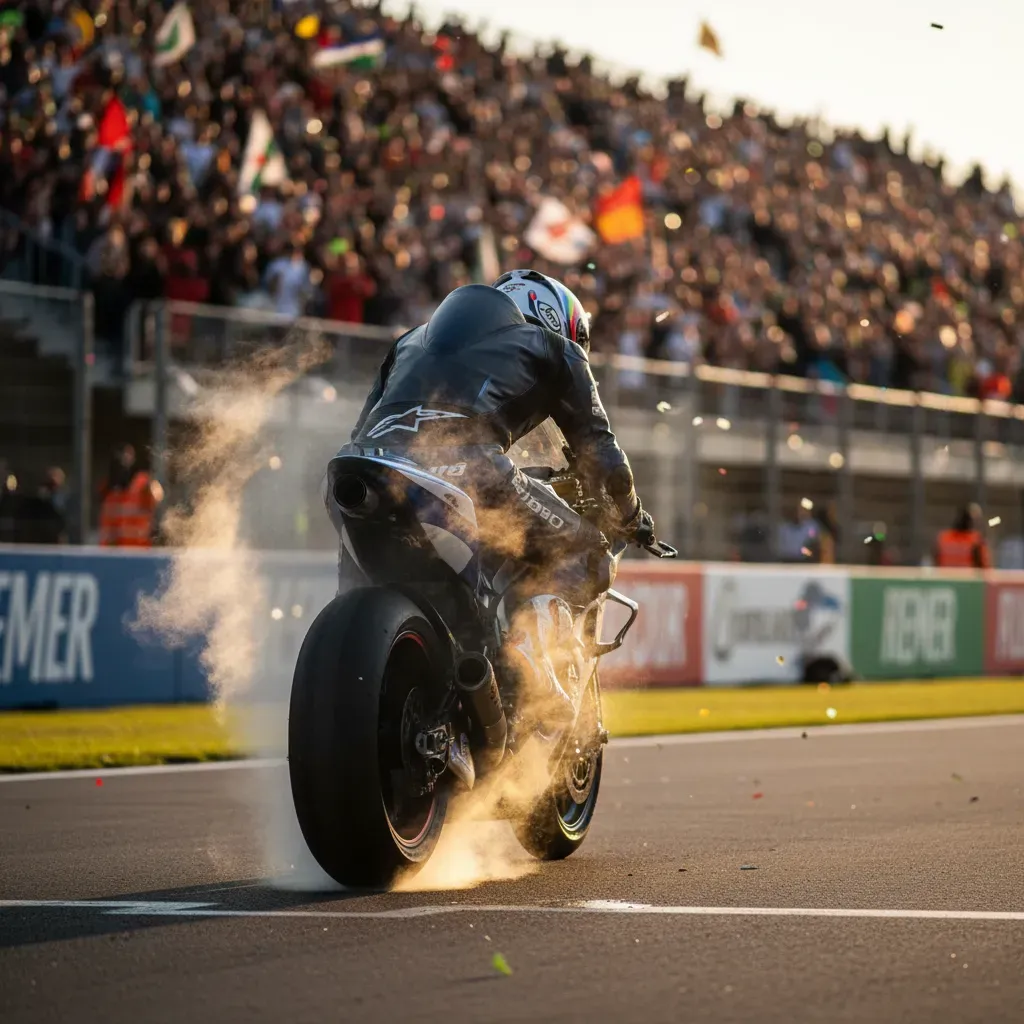 An atmospheric, emotional shot from behind a victorious rider who took the intermediate tyre gamble. They are on the coo