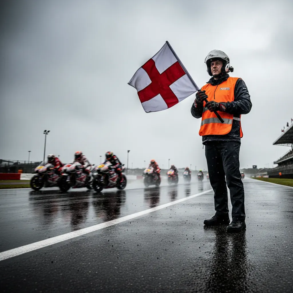 A track marshal stands post, waving a white flag with a red diagonal cross vigorously. In the background, a pack of Moto