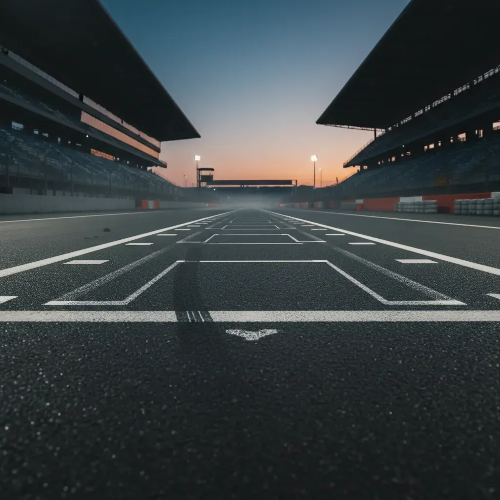 The starting grid of a famous racetrack, seen long after the race has finished. It's dusk, and the empty grid markings a