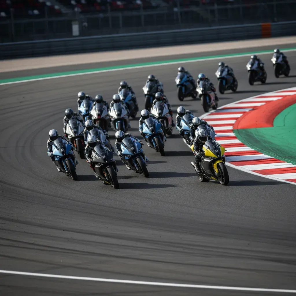 A dynamic, high-angle shot looking down on a pack of anonymous prototype race bikes funnelling into the first corner aft