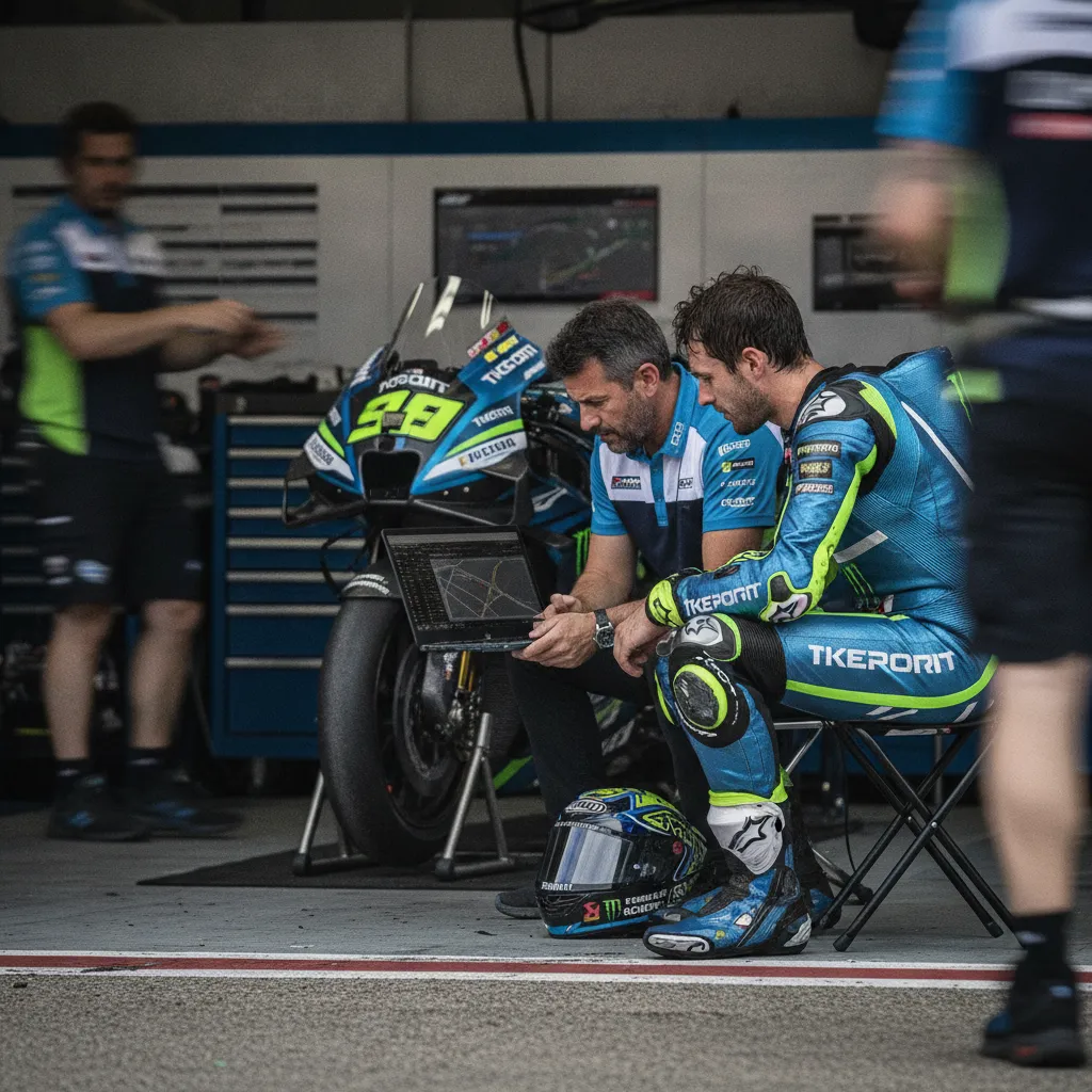 A MotoGP rider and his engineer analyse data in the pit garage following a Sprint Race.
