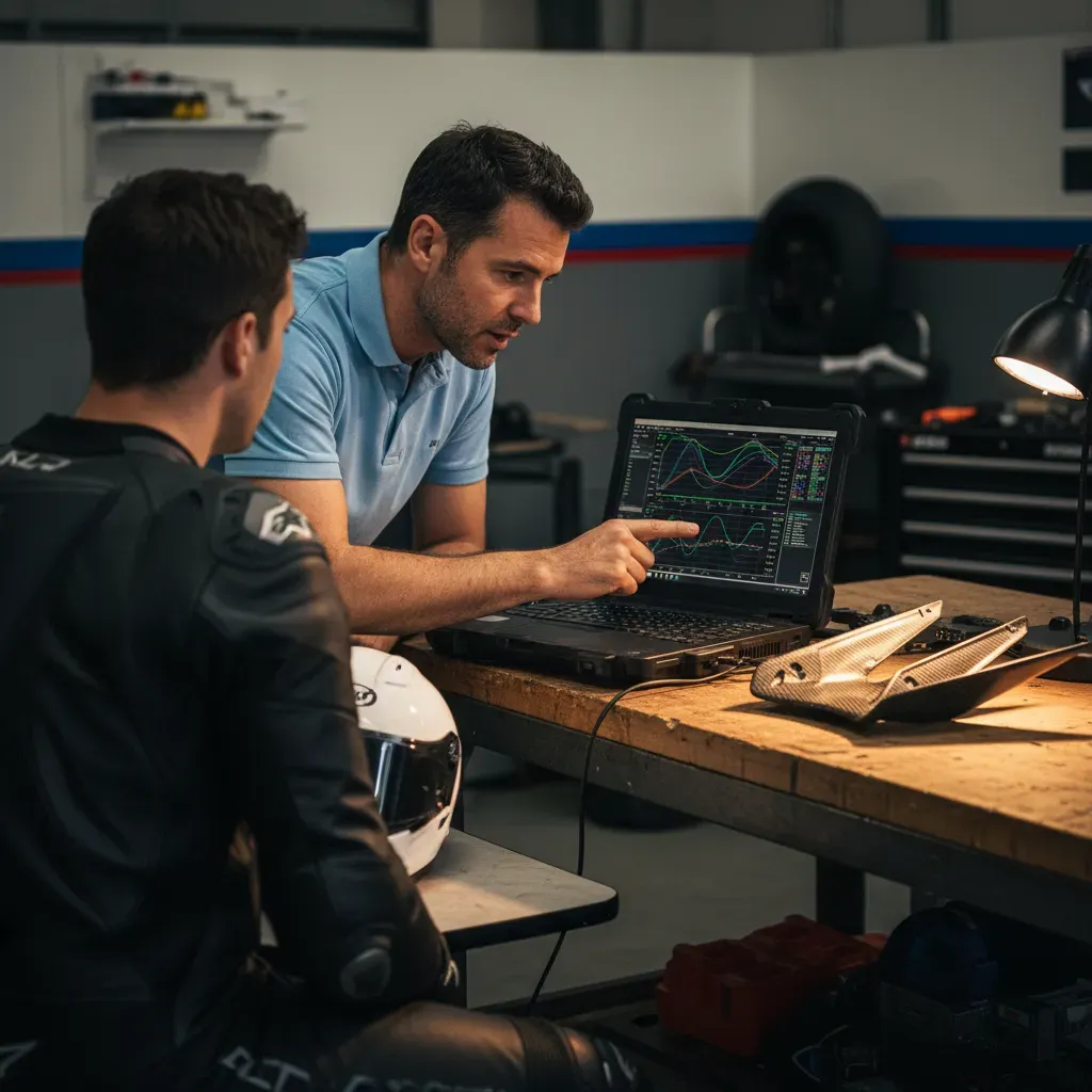 A candid, behind-the-scenes shot inside a brightly lit garage. An engineer in a simple, non-branded polo shirt points at