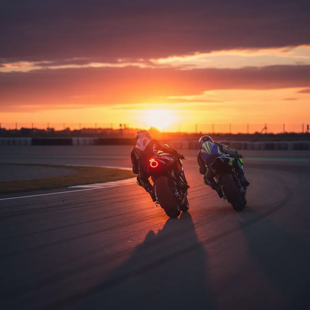 An atmospheric shot from behind two riders as they scream towards a heavy braking zone at the end of a long straight und