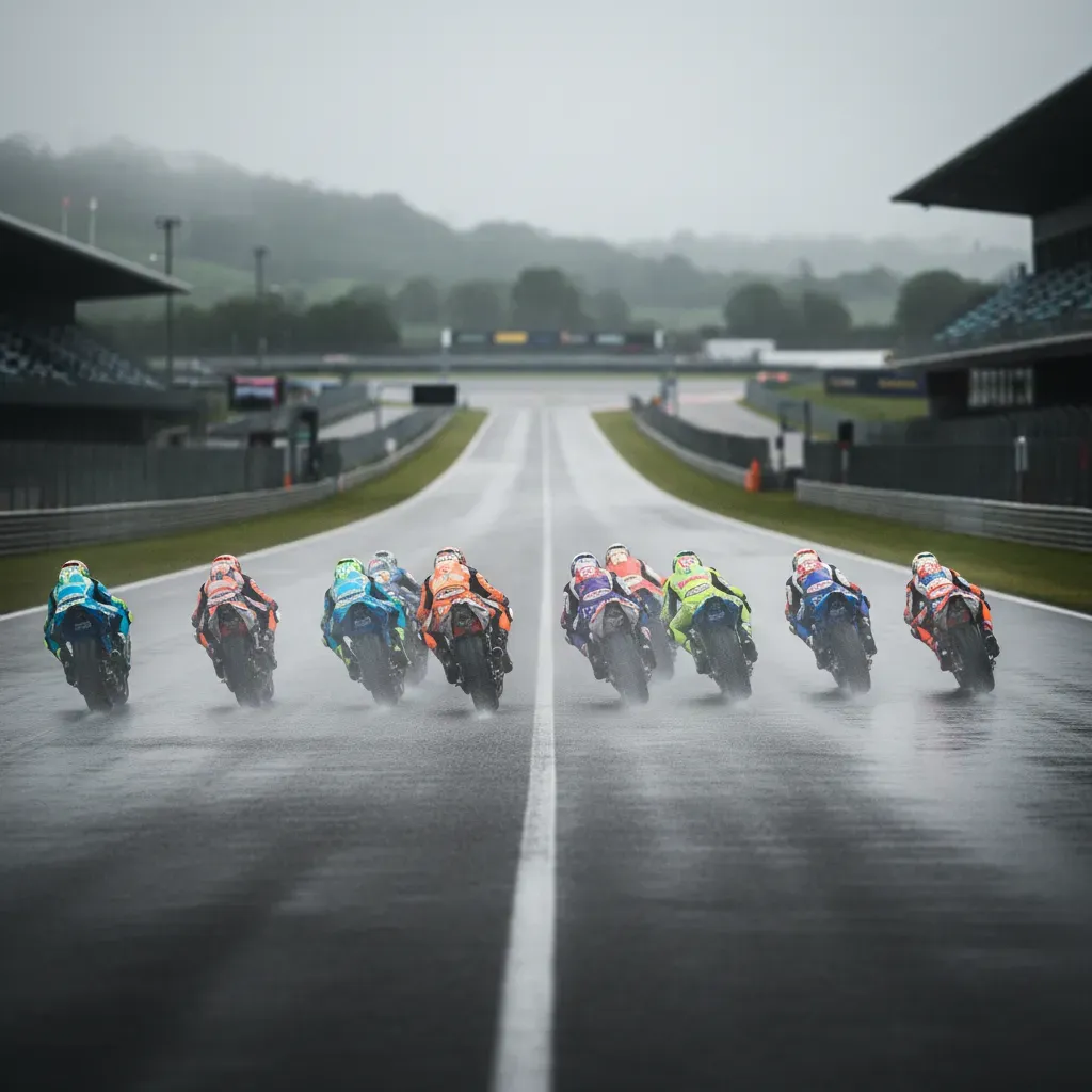 A wide shot looking down a long straight after a rain shower. The track is mostly dark and wet, but a faint, lighter-col