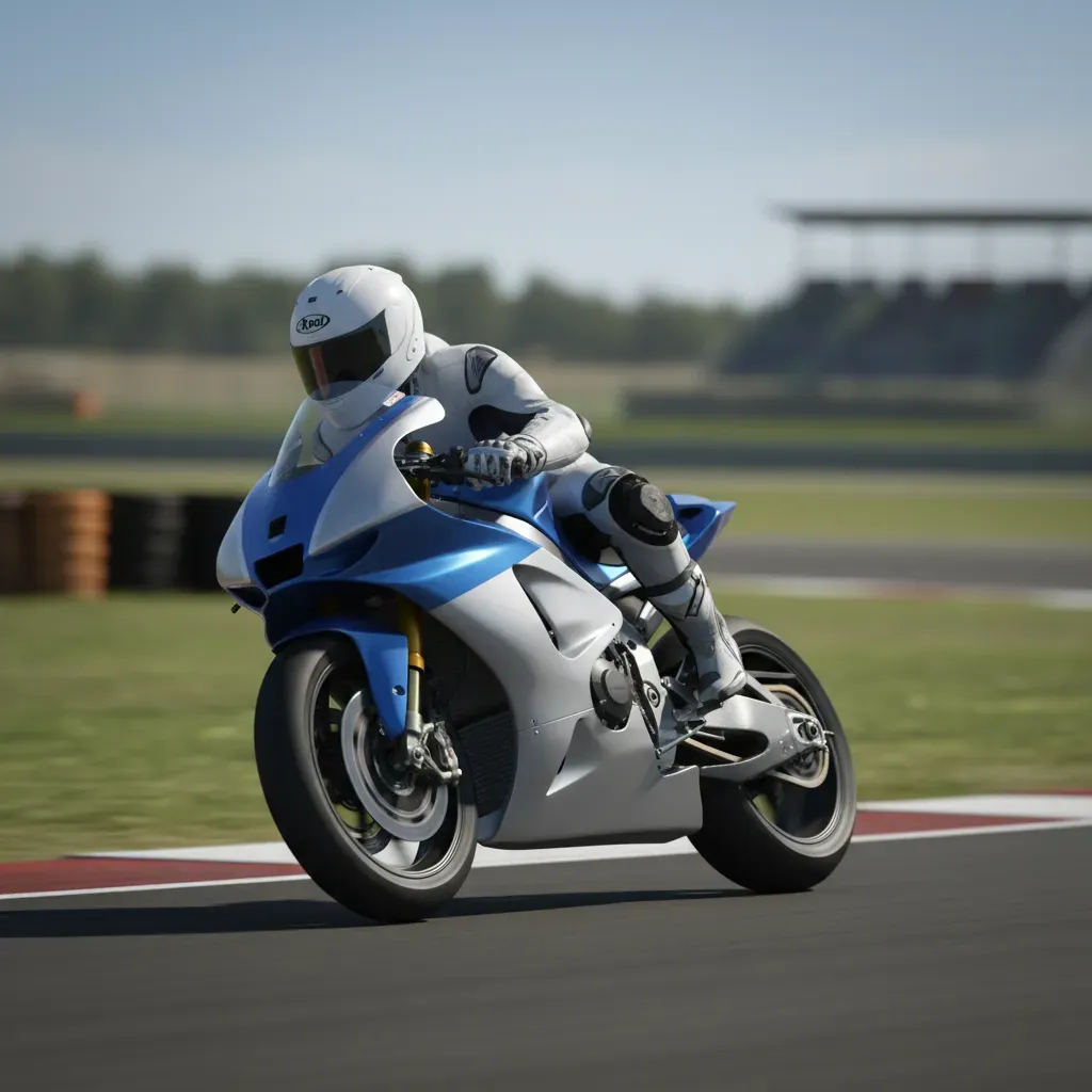 A MotoGP rider, anonymous in a plain white helmet and leathers, leans smoothly through a fast corner early in a race. Th