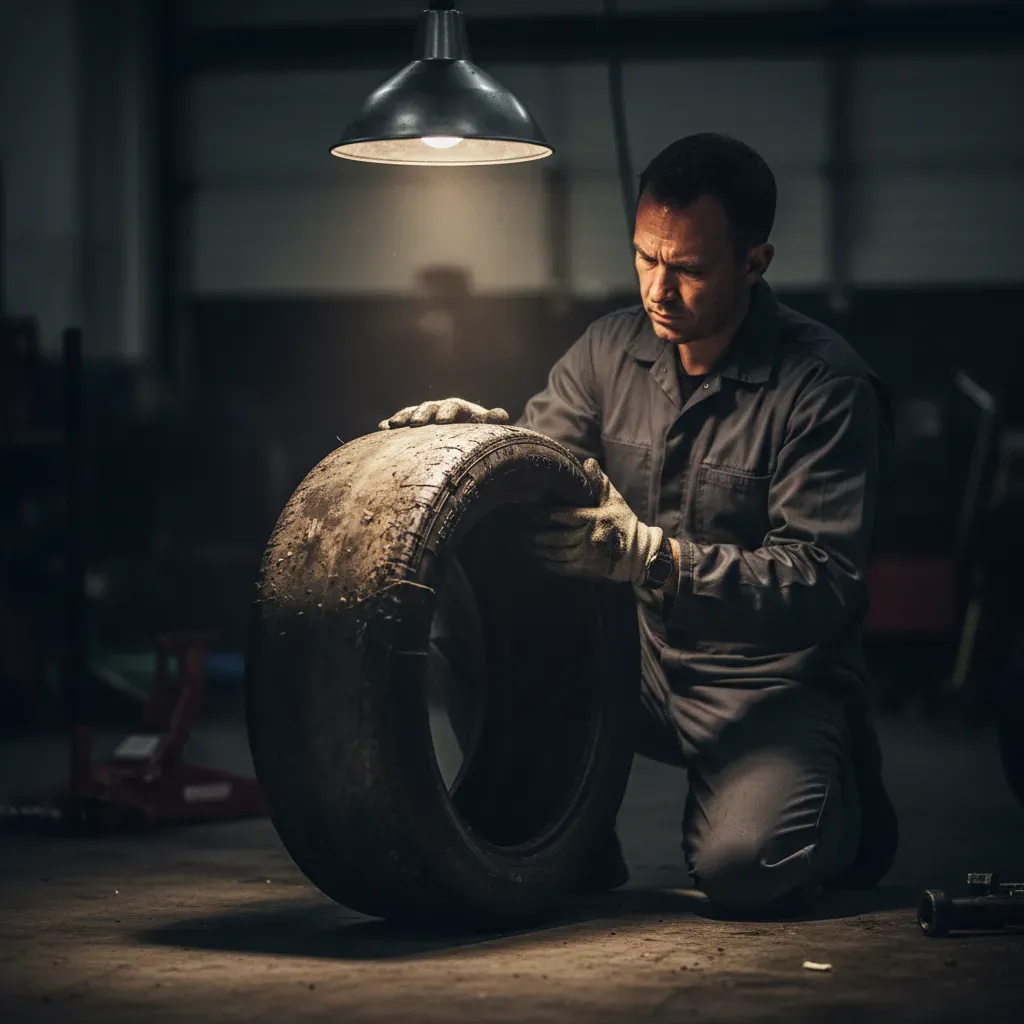 A team mechanic in an unbranded, dark grey uniform kneels in a dimly lit garage after a race. They are holding a heavily