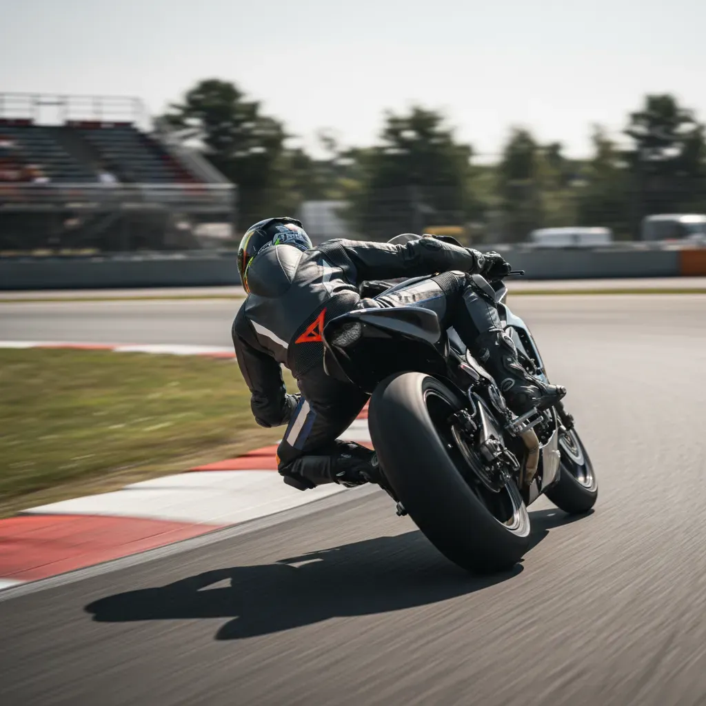 A low-angle, three-quarter rear view of a rider wrestling their bike through a fast left-right chicane. The rider's body