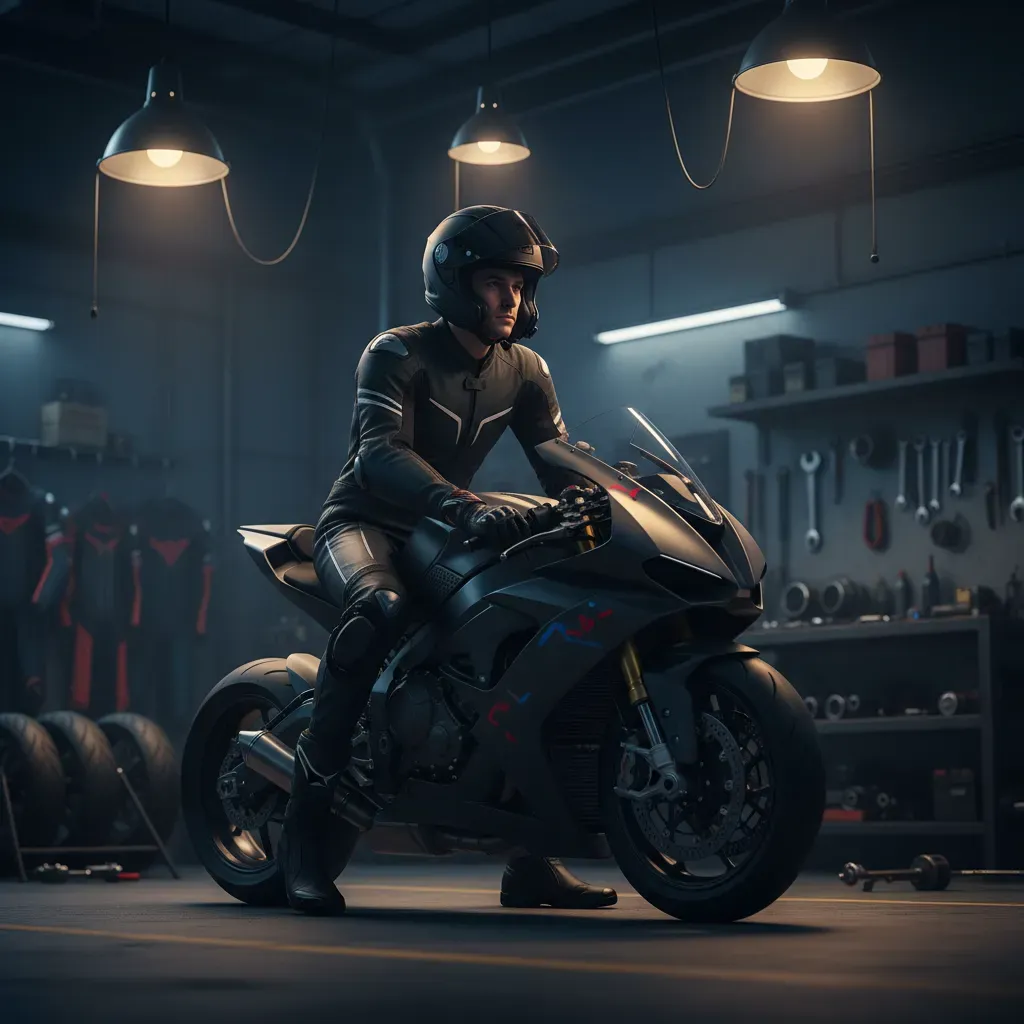 A photorealistic, moody shot inside a racing garage. An anonymous rider, helmet on but visor up, sits on his motorcycle.