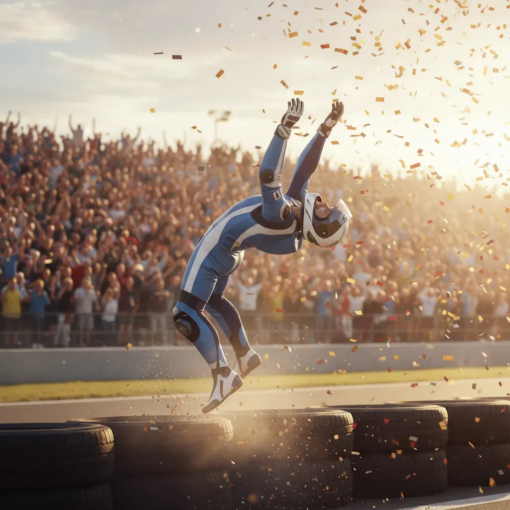 An anonymous rider in plain blue and white leathers performs a celebratory backflip off a trackside tyre barrier. His ar