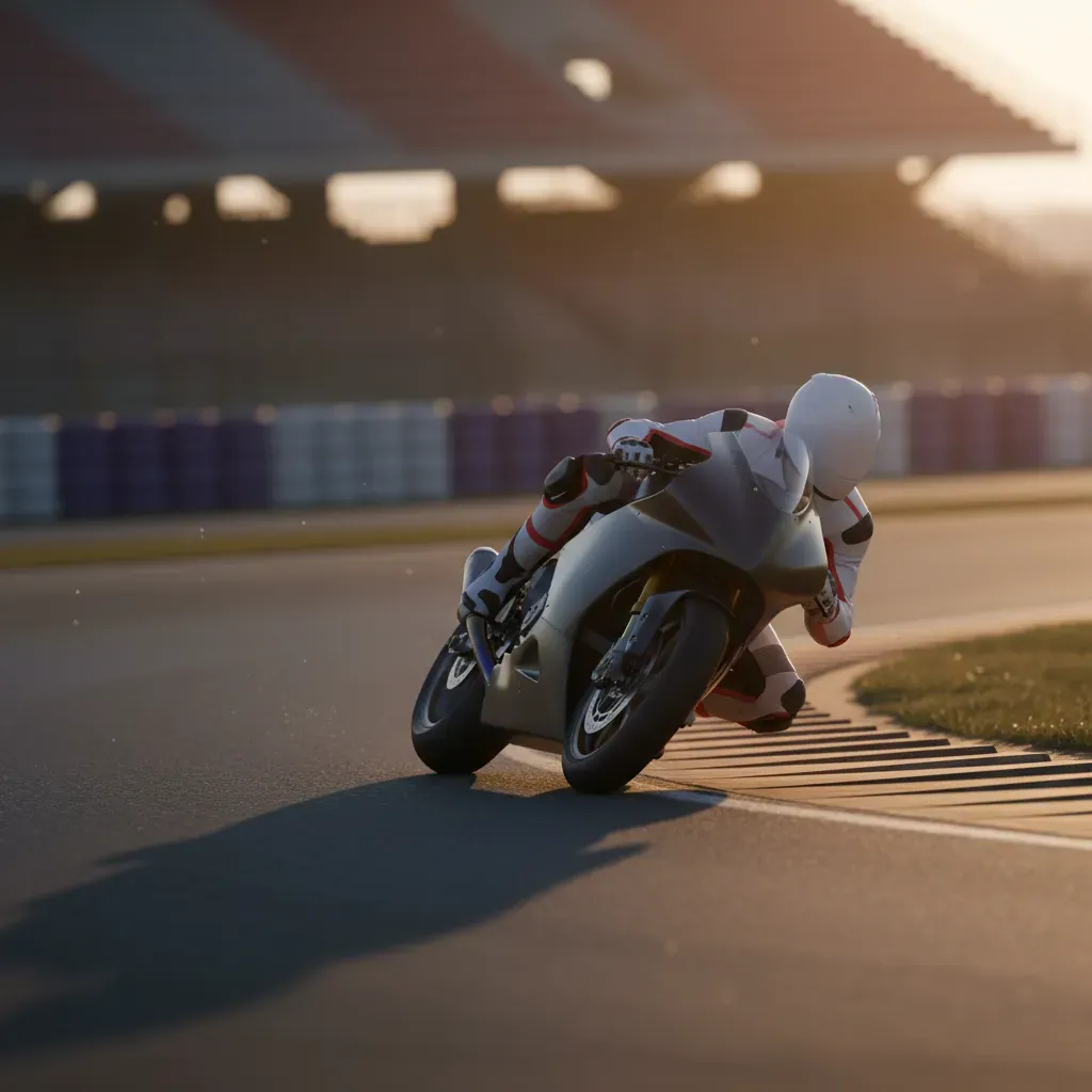 A low-angle action shot from the inside of a fast, sweeping corner. An anonymous rider on a prototype racing bike, clad 