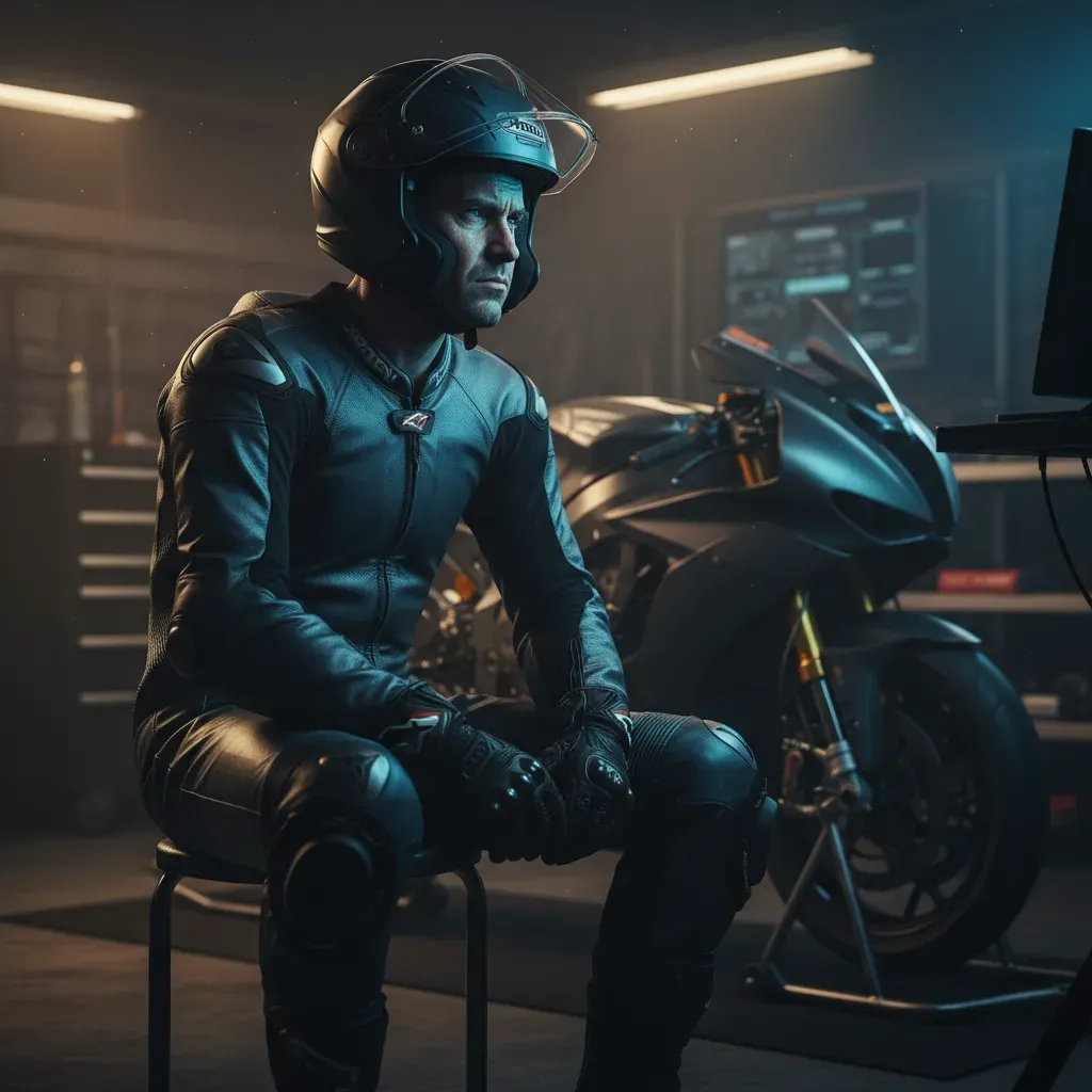 An atmospheric, contemplative scene inside a dimly lit pit garage. A rider sits on a stool, helmet on with the visor up,
