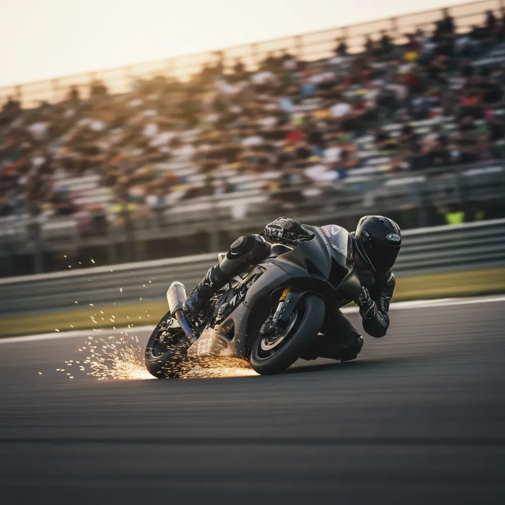 Action shot from track level, capturing an anonymous rider with an extremely acrobatic style, leaned over at an impossib