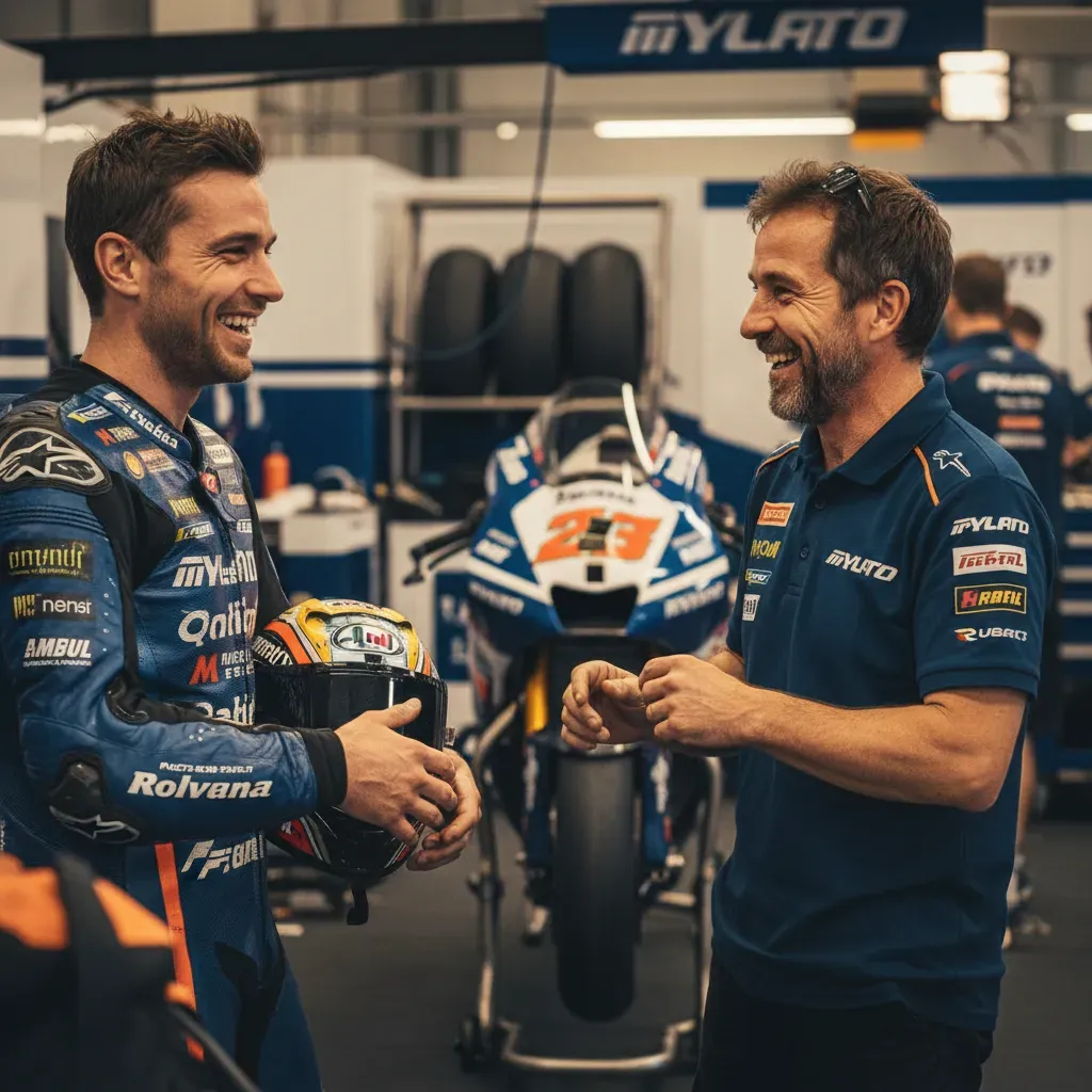 An atmospheric, candid moment inside a brightly lit pit garage after a race. An anonymous rider, helmet off, has a wide,