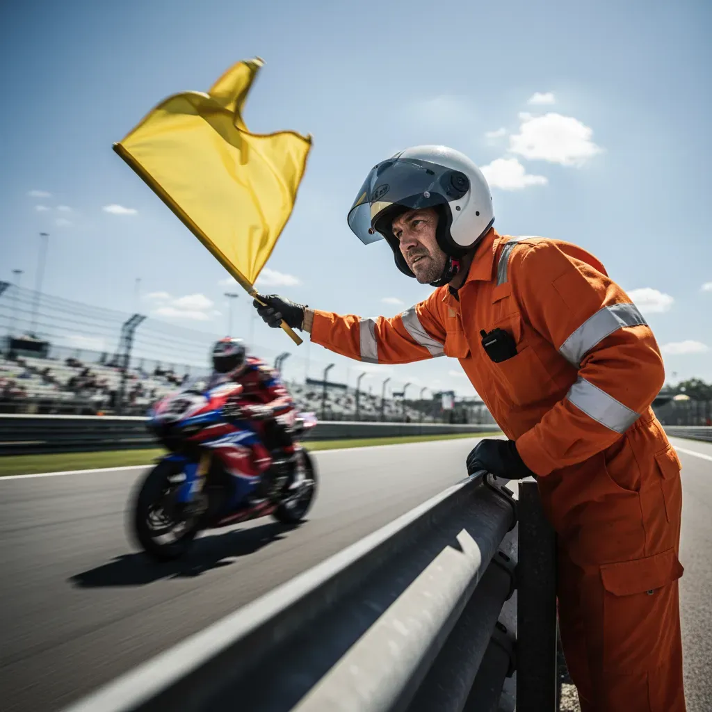 A track marshal in bright orange overalls stands alert behind a safety barrier, leaning forward to wave a single yellow