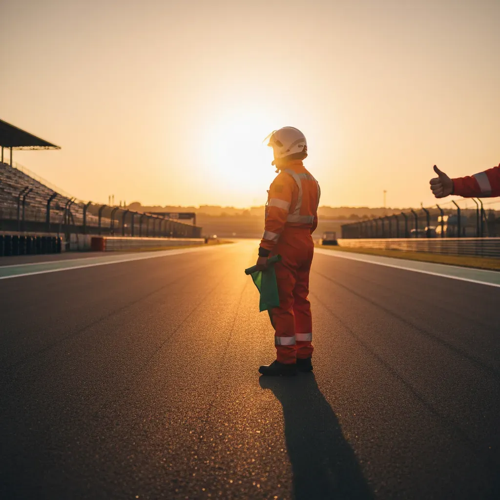 Atmospheric shot of a track marshal standing at their post as the sun sets, casting a warm, golden glow across the circu