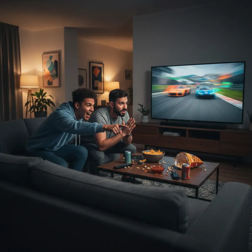 A dynamic, eye-level shot of a living room. Two friends are on the edge of the sofa, leaning forward intently. One is po